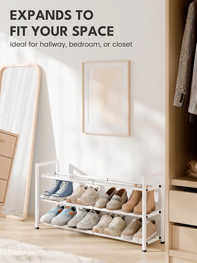 Bumusty 3-Tier Expandable Shoe Rack for Closet, 18“-33” Adjustable Shoe Rack for Small Space, Small Shoe Organizer for Front Door, Sturdy Metal, White