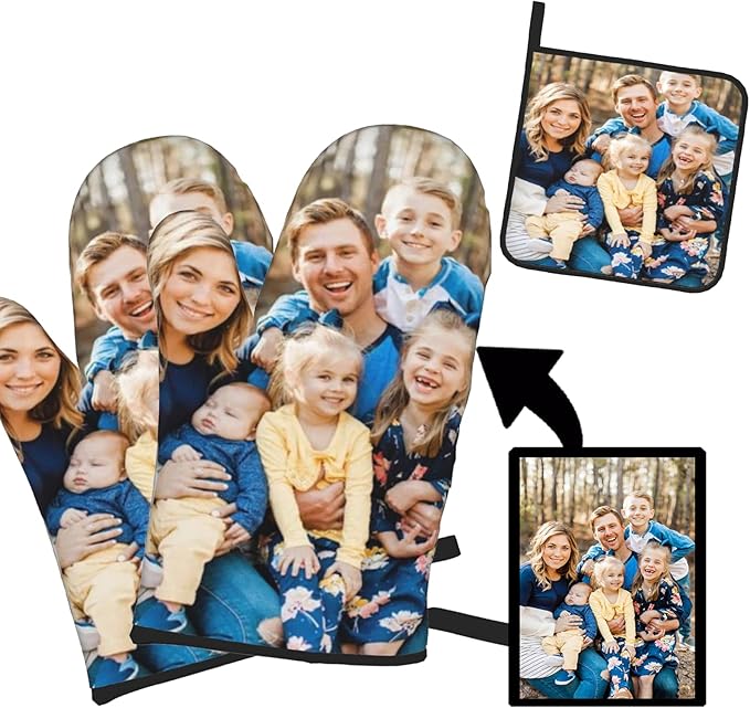 Custom Oven Mitts and Pot Holders Personalized with Your Picture Text, Baking Gifts for Women for Kitchen Cooking, BBQ, Grillin-Style3, 2 Oven Mitts+ 1 Pot Holders