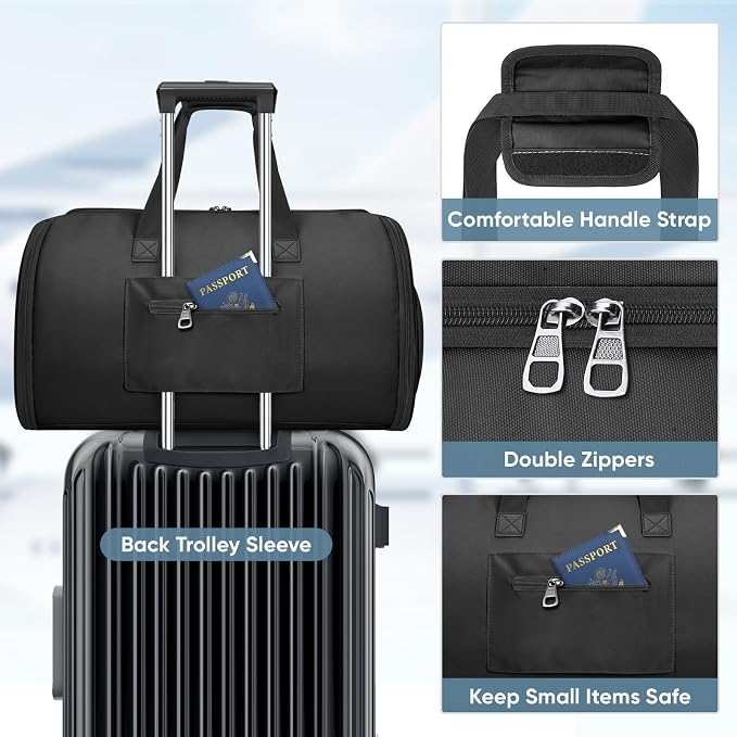 BALEINE Travel Garment Bag, Travel Suit Bag for Men, Water Resistant Carry on Garment Bag for Hanging Clothes, Garment Duffel Bag for Travel Business (Pure Black-Convertible)