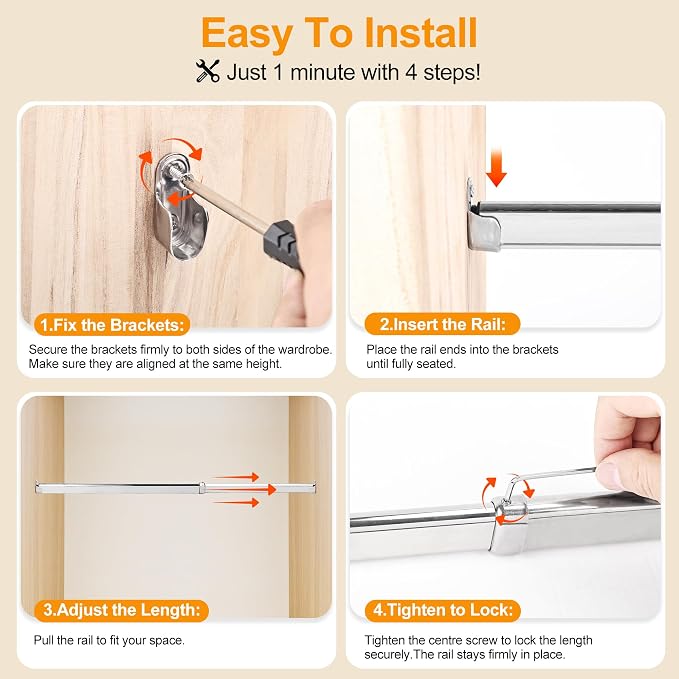 Closet Rods for Hanging Clothes, 20 to 35 Inches Stepless Extendable Stainless Steel Closet Pole, Heavy Duty Clothes Rod for Closet Wardrobes Laundry RV, Flat Oval, Chrome