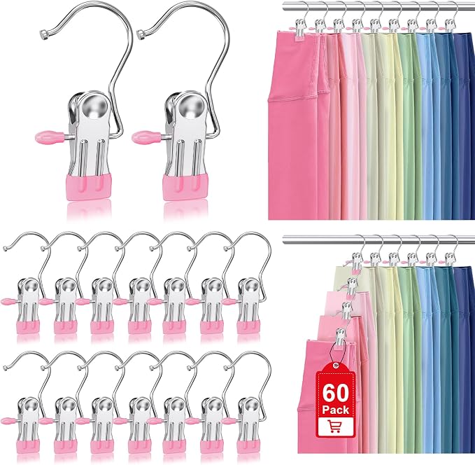 60 Pack Boot Hangers Clips for Closet, Laundry Hooks Hanging Clips Pants Hangers with Clips Legging Organizer Clothes Pins Hanger Clips for Closet Organizer Towel Socks Hats Jeans Home Travel Pink
