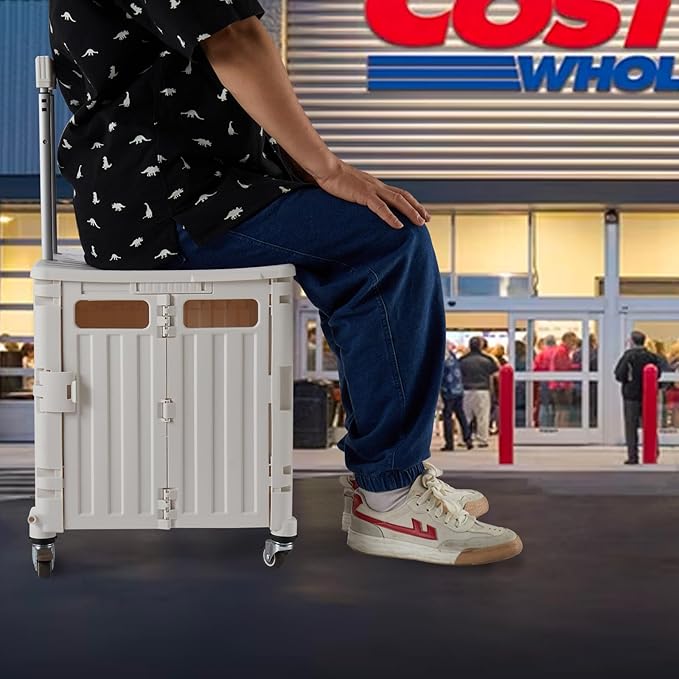 Foldable Utility Cart Folding Portable Rolling Crate Handcart with Durable Heavy Duty Plastic Telescoping Handle Collapsible 4 Rotate Wheels for Travel,Shopping, Luggage, Office, Teacher(White)