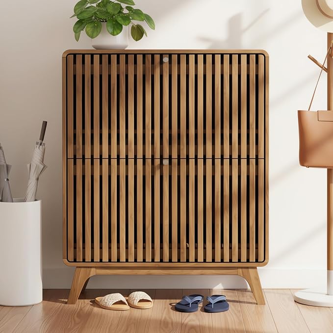 Jluomei Fluted Narrow Shoe Cabinet for Entryway, Slim Wood Shoe Storage Cabinet with Flip Drawers, Bamboo Thin Shoe Rack Organizer for Entry Way, Hallway, Hidden, Walnut