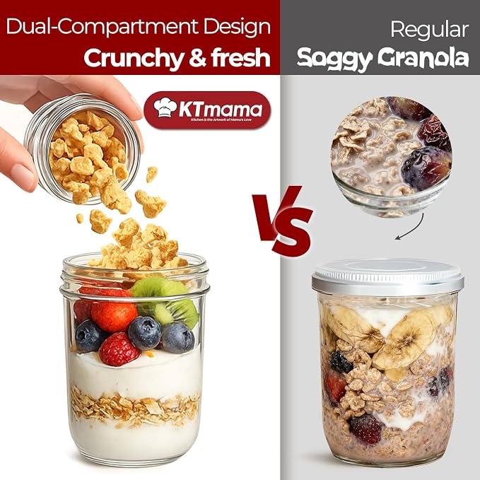 16+4 oz Glass Parfait Cups with Lids 2 Pack Overnight Oats Container | Dry Wet Separation, Jar for Overnight Oats,Chia Pudding,Snacks,Nuts, Fruit,Granola Toppings,Meal Prep