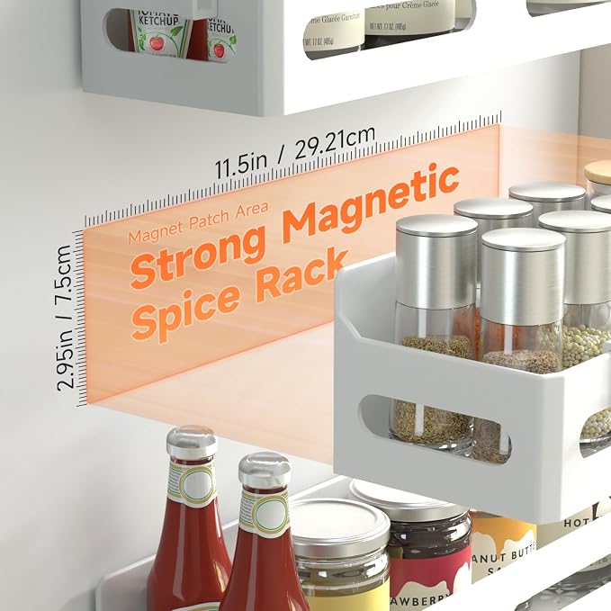 Sevenblue 2-Pack Magnetic Spice Rack for Refrigerator with Hooks, White | Strong multipurpose magnetic shelf for kitchen & bathroom organization. Includes 4 removable hooks for hanging items.