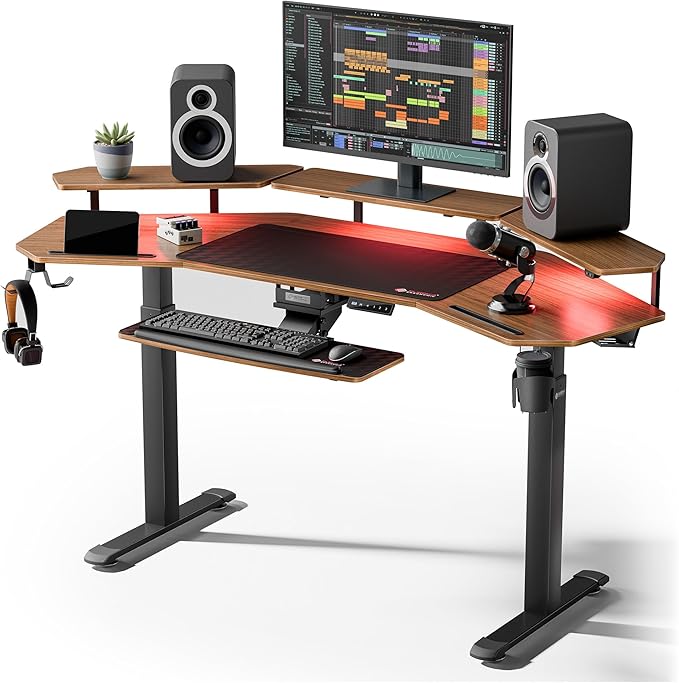 EUREKA ERGONOMIC 72" Standing Desk, Adjustable Height Dual Motor Computer Desk with Keyboard Tray & LED Monitor Stand, Gaming Music Studio Workstation, Slot Design, Deep Walnut