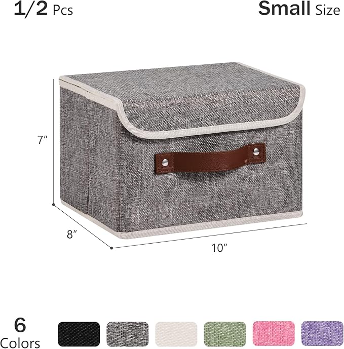 2PCS Storage Bins Box with Lids Decorative Cotton Linen Fabric Baskets Cubes with Handles PP Plastic Board Foldable Washable Lidded Clothing Shelf Closet Organizer Container (Gray, Small)