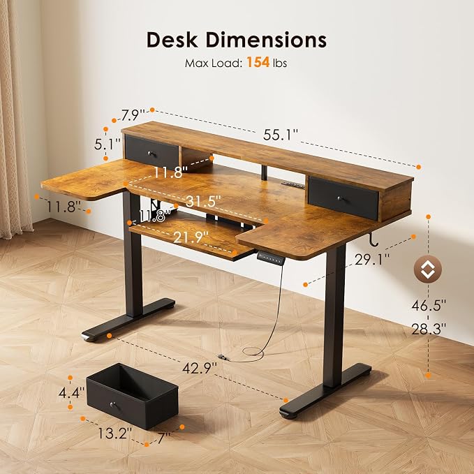 OffiGo 55 Inch U Shape Standing Desk, Keyboard Tray & Drawers, Rustic Brown | 3 Outlets & 2 USB Ports, Dual-Monitor Stand, 10 Colors & 10 LED Modes, 3 Presets, 28.3"-46.5"in Range, 154 lb Capacity