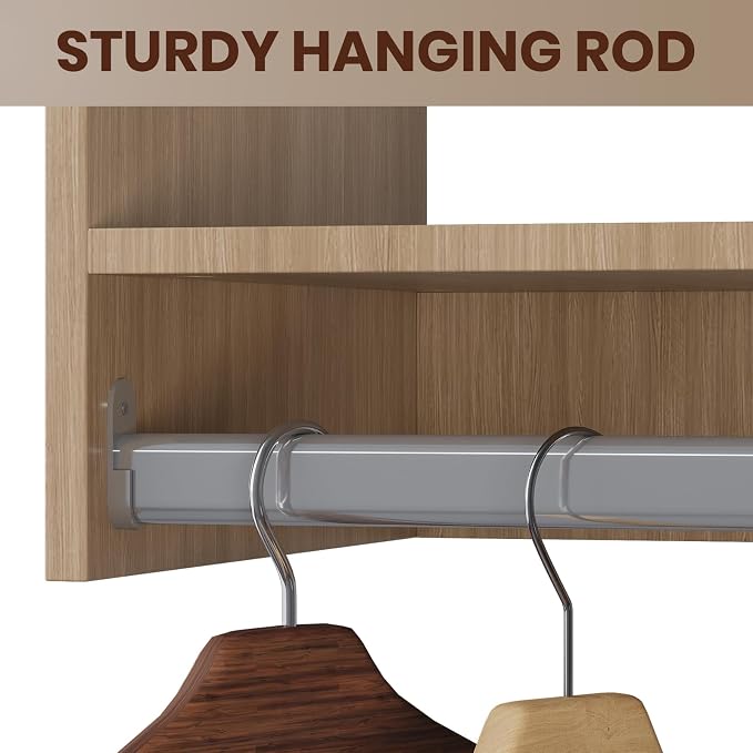 ROOMTEC Modular Closet System, 60" Wall Mounted Modern Closet Organizer with Hanging Rods and Shoe Shelf, Wooden Tower for Walk-In Closets, Wardrobe Storage Kit, Wood