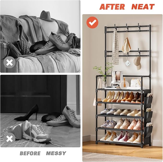 Shoe Rack 5 Tier Shoe Organizer Storage 15-20 Pairs for Closet Entrance | Stackable & Detachable Shelf with Hooks and Side Pocket Entryway Shoe Holder Space Saving Closet Organizers and Storage