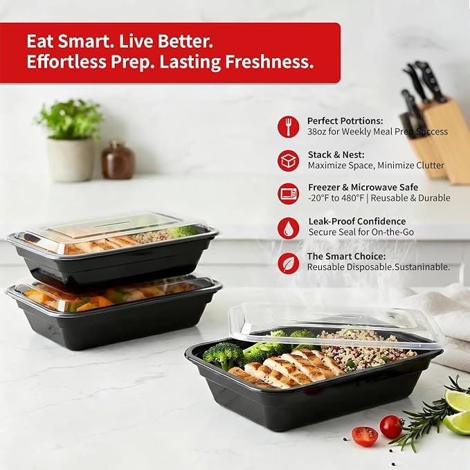 60 Pack 38 oz Plastic Meal Prep Containers with Lids,Microwave Safe | Take Out,Food Storage,Disposable Plastic Lunch Boxes,Sturdy,Freezer,Microwave,Dishwasher Safe,Stackable,Leak-proof