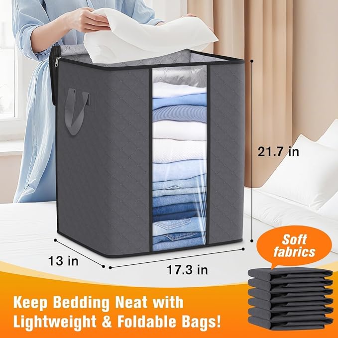 SpaceTrove Clothes Storage Bags, 4-Pack Comforter Blanket Organizers, 80L Large Capacity Containers with Visual Window for Clothing, Quilt, Sheet, Pillow, Closet Organization for Bedding (Grey)