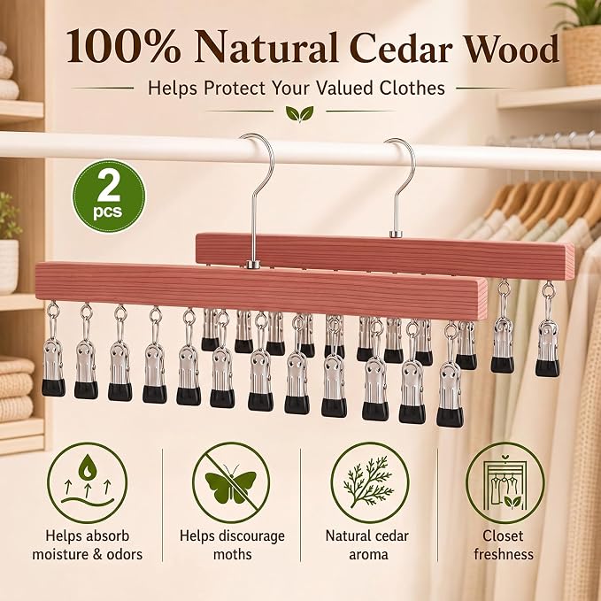 Novabright 2 Pack Cedar Hangers with 12 Clips, 360° Rotating Multi Clip Hangers for Closet, Wooden Hanging Space Saving Organizer for Leggings Pants Jeans Socks Hats Scarves Bras Accessories