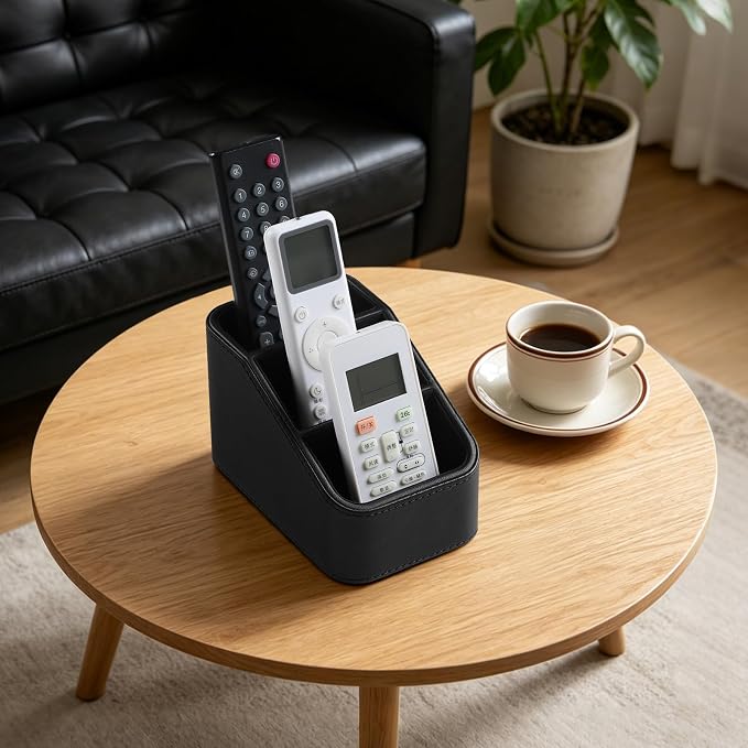 3 Compartments PU Leather Remote Control Holder, TV Remote Holder for Couch | Small Pen Desk Organizer for Office Bedside Living Room, Remote Caddy Nightstand Organizer
