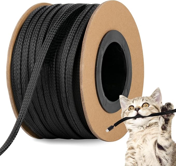 100ft 1/4 Inches Braided Wire Loom Automotive PET Cable Loom | Expandable Braided Cable Sleeving Mesh Wire Loom for TV, Computer, Home Theater, Black