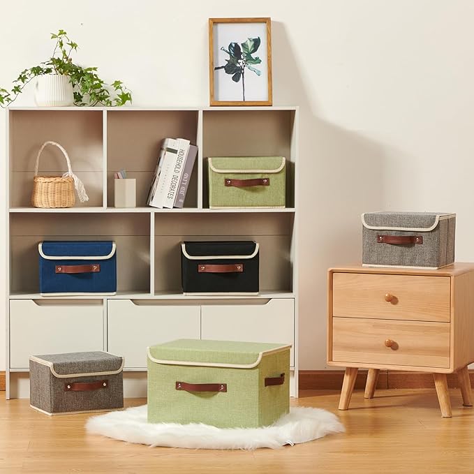 Storage Boxes with Lid Cotton Linen Fabric Storage Bins Organizer Container Decorative Collapsible Washable Shelf Baskets Faux Leather Handles for Home Bedroom Closet (Deep Blue, Small)