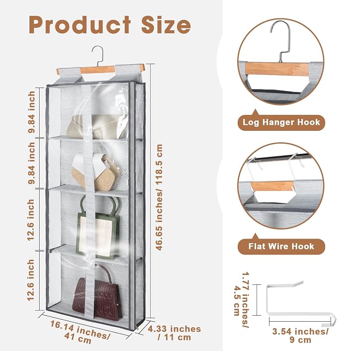 Silkfly 2 Pack Hanging Purse Organizer with Zipper for Closet Handbag Storage PVC Mesh Shelves with 4 Pockets for Bedroom Door Wardrobe Shelf Rack Space Saving(Gray)