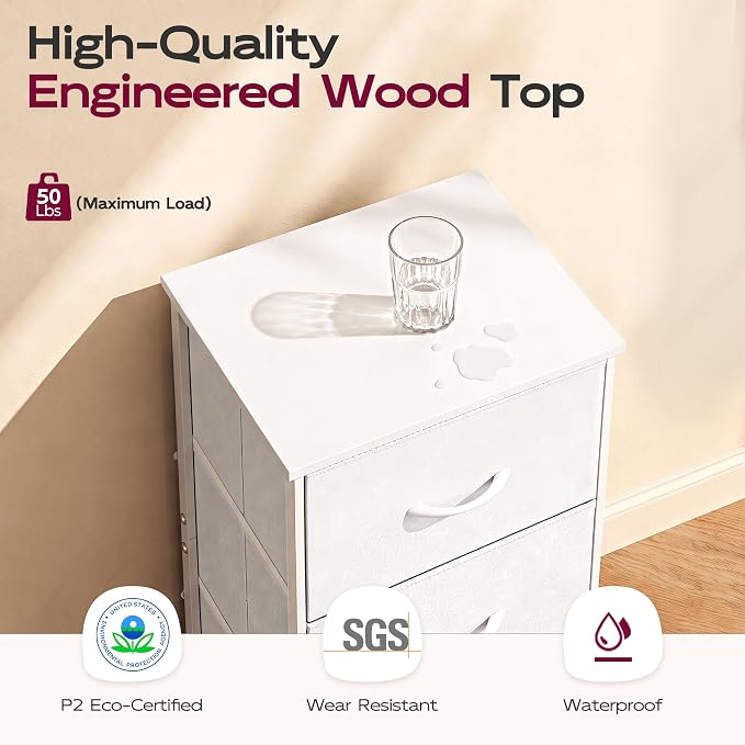 WLIVE Nightstand with 3 Drawers, Fabric Dresser, Organizer Unit, Storage Dresser for Bedroom, Hallway, Entryway, Closets, Sturdy Steel Frame, Wood Top, Easy Pull Handle, White