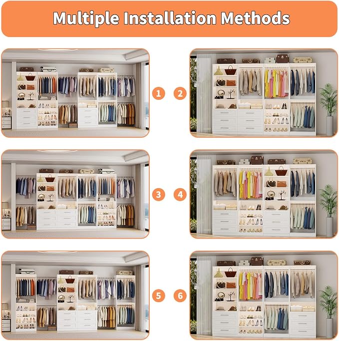 Closet System with 4 Sets, 8–21 FT Closet System with 6 Drawers, 9 Shelves & 8 Hanging Rods, Heavy Duty Closet Organizer System for Walk in Closets, Modular Custom Wood Closet Kit, White