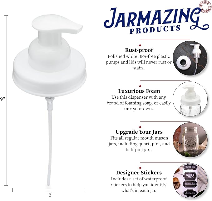 Jarmazing Products Mason Jar Foaming Soap Dispenser Lids - Includes Waterproof Stickers! - White - 1 Pack