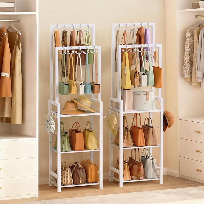 Tall Purse Organizer for Closet with 10 Purse Hanger & 6 Side Hooks,Floor-Standing Purse Rack Stand for Purse Storage,Narrow & High-Capacity Handbag Organizer,Multi-Purpose Purse Shelf for Small Place