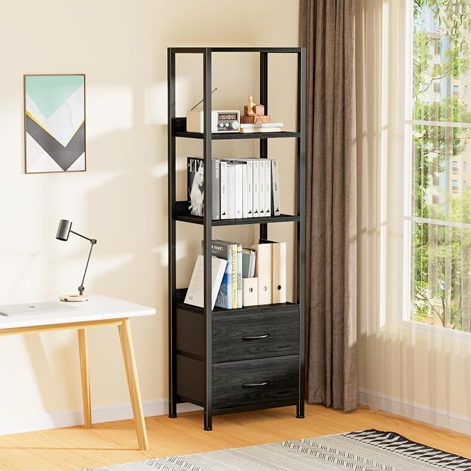 Furnulem 4-Tier Corner Shelf, Bookshelf with 2 Storage Drawers, 57.28”Tall Narrow Bookcase, Standing Shelf Organizer Unit for Living Room, Bedroom, Metal Frame, Wood Display Shelf | 57.28”Tall Bookcase for Bedroom,Living Room,Display Cabinet with Metal...