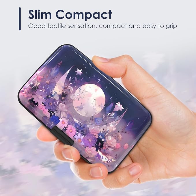 Mini Credit Card Holder for Women Men, RFID Blocking Slim Metal Card Case ID Case Business Travel Hard Wallet, Purple Flowers Moon