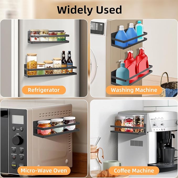 Uten Large Magnetic Spice Rack for Refrigerator 2 Pack, Fridge Organizer | Metal black magnetic Schelves, capacity of up to 23lbs, for washing machine, 16"*4.5" and 12"*4"