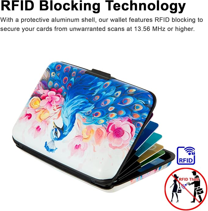 Credit Card Holder for Women Men RFID Blocking Wallet Small Business Metal Slim Mini Aluminum Hard Case (Watercolor Peacock)