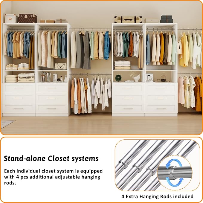 Closet System of 4 Sets, 8FT-20FT Closet Closet Organize System with 12 Wooden Drawers, 8 Hanging Rods & Shelves, Walk in Closet System Storage, Modular Closet System, White(8FT)