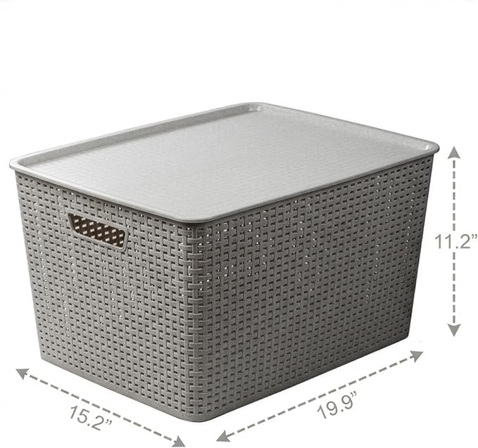 BINO | Plastic Storage Baskets with Lids, 45 Liter - 3 Pack, Natural Grey | THE WOVEN COLLECTION | Storage Basket for Shelves | Woven Storage Baskets for Organizing Bins | Pantry Shelf Organizer Bin