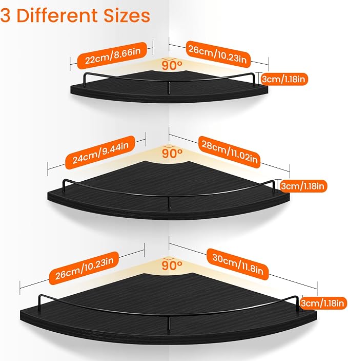 Homode 3 Tier Corner Floating Shelves, Wooden Corner Shelf Wall Mount 9/10/12 Inch with Guardrail, Rounded Hanging Corner Wall Storage Shelving for Bedroom Bathroom Kitchen Office, Black