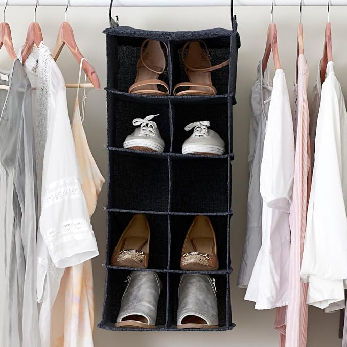 Household Essentials Hanging Cotton Blend and Plastic Closet Shoe Organizer with 10 Storage Compartments, Denim