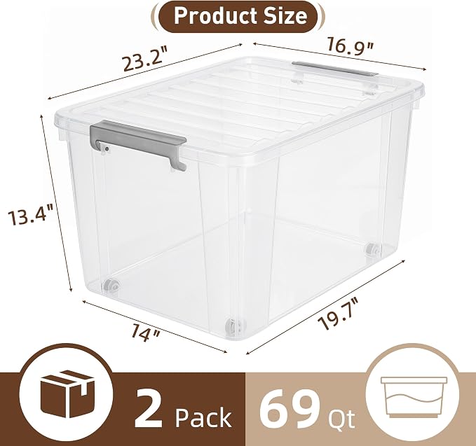 Citylife 69 QT Plastic Storage Bins with Latching Lids Stackable Storage Containers for Organizing Large Clear Storage Box for Garage, Closet, Kitchen, 2 Packs