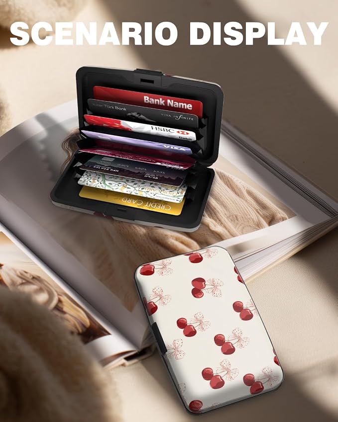 Maicican Credit Card Holder, Mini RFID Blocking Aluminum Wallet | Slim Metal Hard Case Travel Wallet ID Case for Women and Men, 4.3 x 2.9 Inches, Polka Dot Bow Cherry