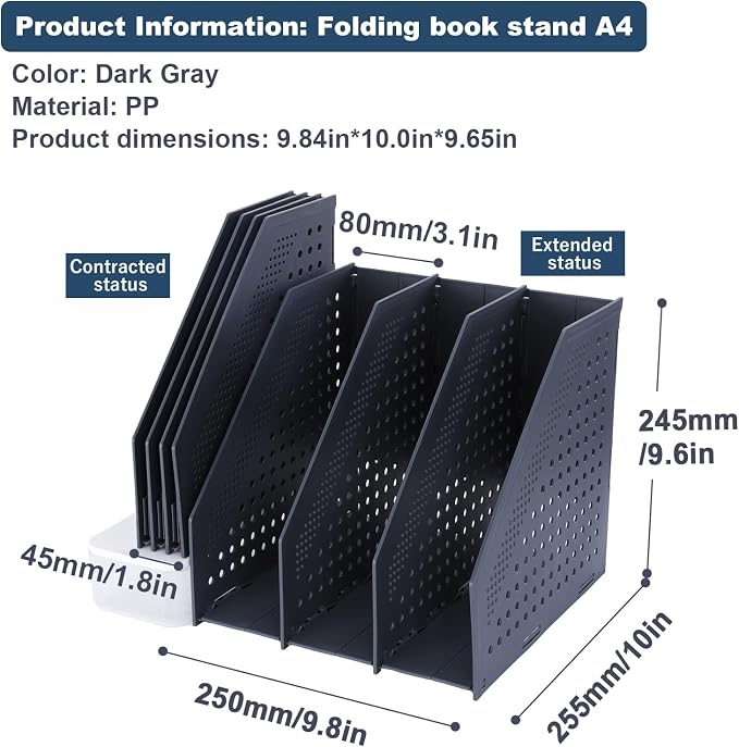 FRETONBA Collapsible Magazine File Holder, 3 Vertical Compartments | Foldable Space-Saving, Sturdy Plastic Binder Holder, Compact for Desk or Shelf, for Office & Home, Easy Access, Dark Gray