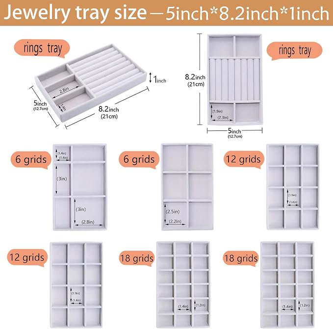 8Pack Jewelry Drawer Organizer Inserts, Stackable Jewellry Case Velvet Jewelry Tray for Necklaces, Earring, Rings Bracelet