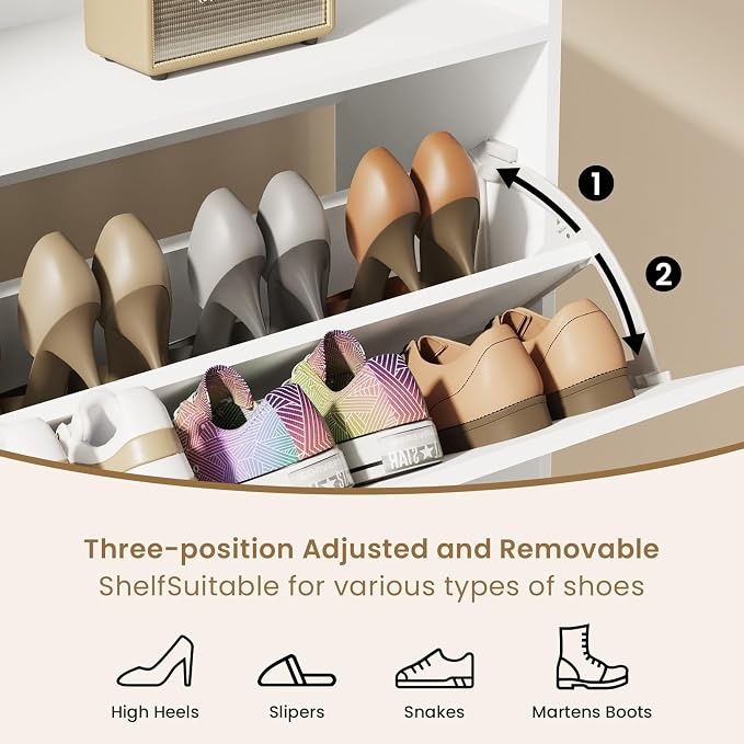 Shoe Cabinet Organizer with 2 Flip Drawers，Freestanding Shoe Rack Cabinet，Narrow Shoe Cabinet Storage for entryway，Foyer, Hallway, White UM2SC423W