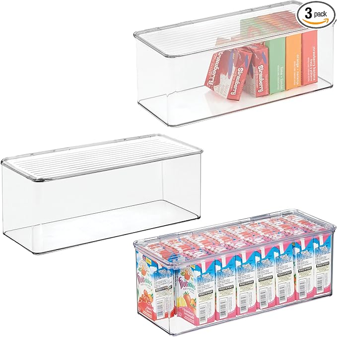 iDesign Plastic Stackable Hinged-Lid Storage Box, Set of 3, Clear | For Kitchen, For Bathroom, For Office
