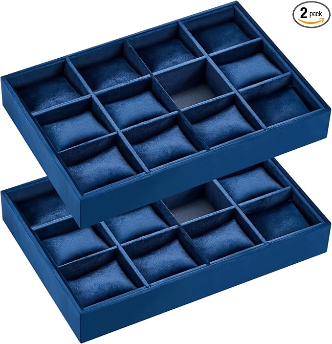 Henoyso 2 Pieces 12 Grid Velvet Watch Tray Jewelry Organizer Stackable Watch Bracelet Bangle Display Holder Adjustable Pillow(Blue)