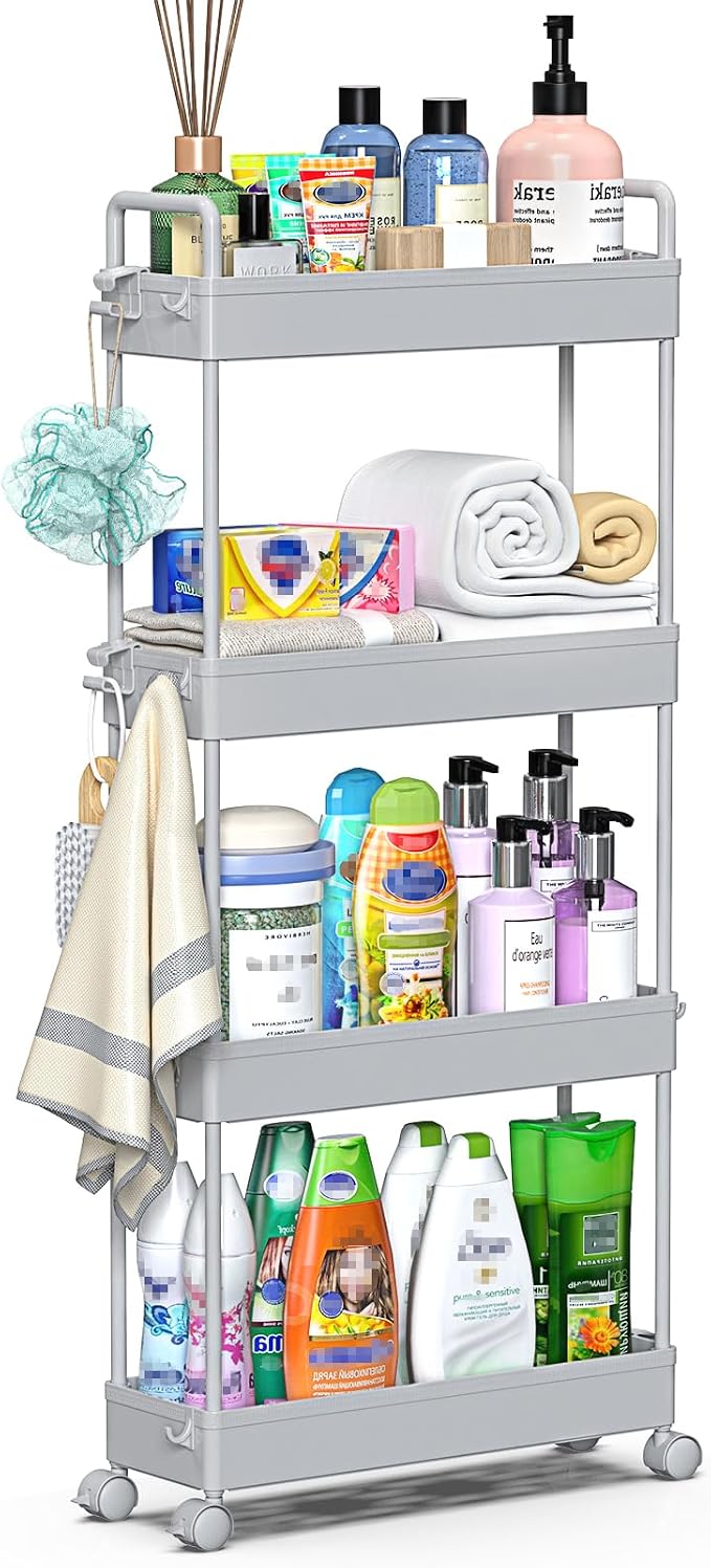 SOLEJAZZ Slim Rolling Storage Cart Skinny Bathroom Organizer, 4 Tier, Gray | Thin utility cart with wheels for bathroom, laundry room, bedside, kitchen, dorm, office, next to fridge, small narrow places