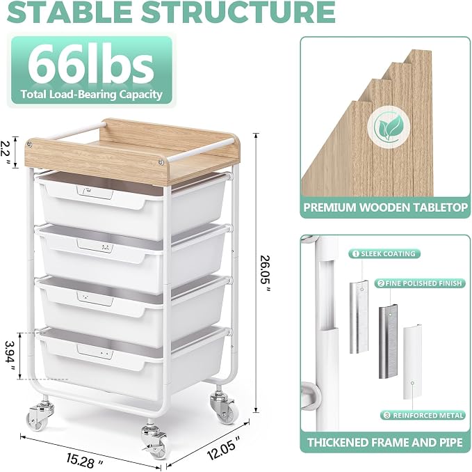 Rolling Craft Storage Cart with 4 Drawers,Utility Cart with Drawers,Art Craft Organizers and Storage,Kids Craft Cart,Kids Art Cart With DIY Lable and Wooden Tabletop Area,White