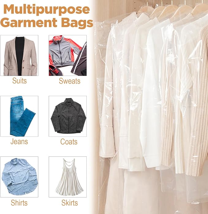 50Pcs Clear Plastic Garment Bags, 24x60 In Thick Transparent Clothing Dust Covers, Dry Cleaning Covers for Hanging Clothes, Laundry Bags Dust Proof Garment Bag for Closet Storage Travel