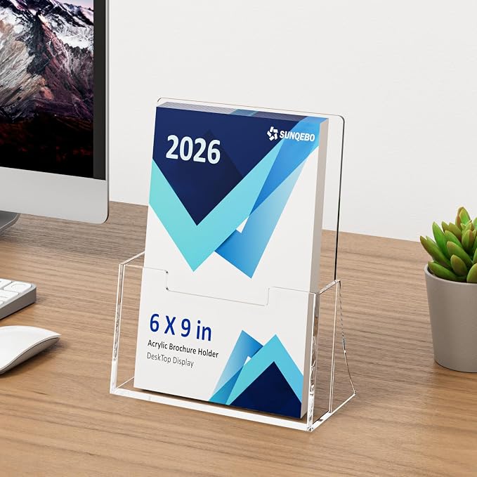Acrylic Brochure Holder 6 x 9 Inch, 4 Pack Clear Acrylic Flyer Holder, Pamphlet Holder Display Stand for Literature leaflet Magazine Booklet Journal, Desk Holder, Countertop Organizer