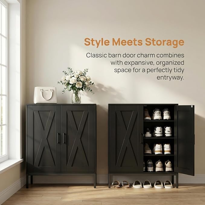 Homleke Farmhouse Shoe Cabinet with 2 Barn Doors & Metal Legs | Tall 4-Tier Shoe Storage Cabinet, 3 Adjustable Shelves, Shoe Rack Organizer, for Entryway, Hallway, Closet, Black