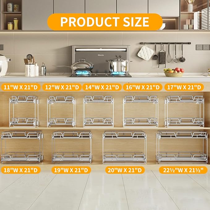2-Tier Kitchen Cabinet Pull Out Shelf and Drawer Organizer Slide Out Pantry Storaqe Basket in Multiple Sizes (19" W x 21" D)