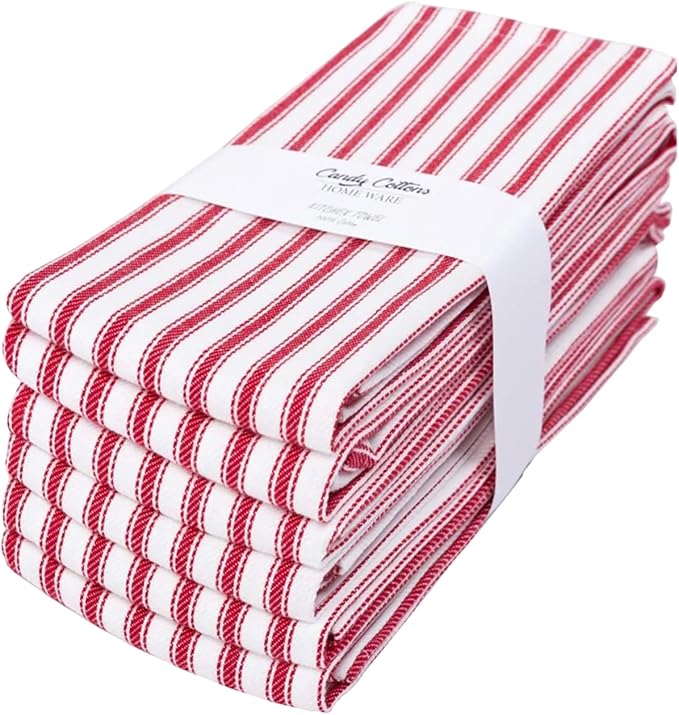 Stripe Kitchen Dish Towels With Hanging Loop - Boho Absorbent Festive Gift Set of 6 - Reusable 18x28 Inch Pantry Decor - Trendy Spring French Red