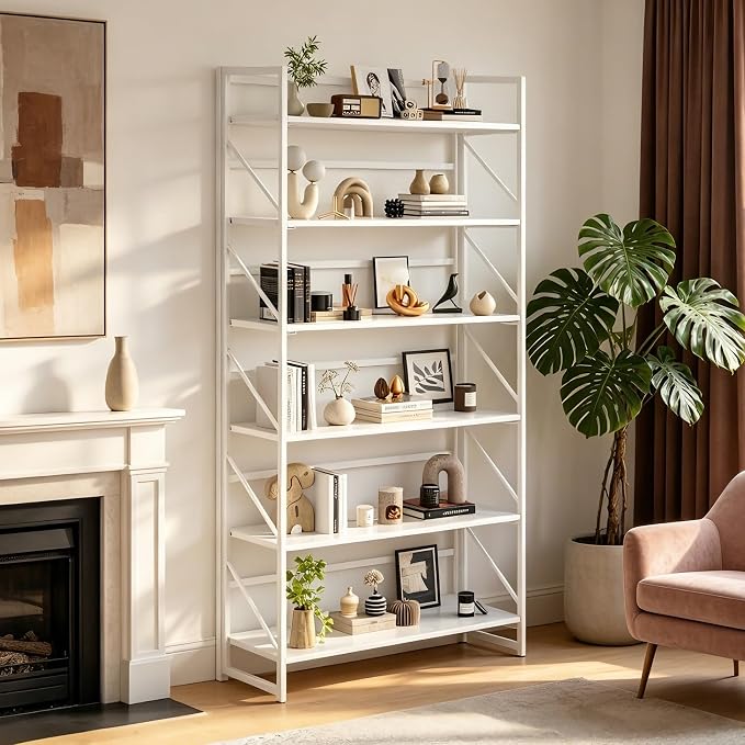 JSB 6 Tier No Assembly Folding Bookshelf, 30.7" Wide Foldable Storage Bookcase for Home Office, Space-Saving Storage Shelf for Living Room (All White)