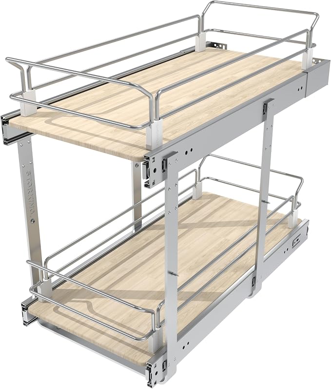 2 Tier Pull Out Cabinet Organizer 11.06" W X 22" D, Wood & Chromed | Full Slide Out Drawers For Kitchen Cabinets, Cabinets Capacity Heavy Duty Caddy, Cabinet Pullout Shelves , Pantry Storage