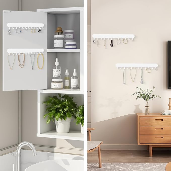 Necklace Holder - Wall Hanging Jewelry Organizer | Self-Adhesive Wall Mounted for Necklaces, Bracelets, 2 Pack, White